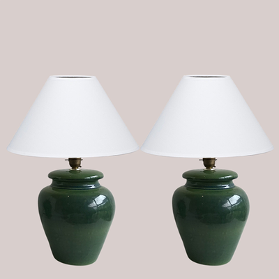 Pair Of Vintage Green Ceramic Lamps from By Alice