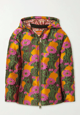 Precious Floral-Embroidered Quilted Woven Down Jacket from La DoubleJ'