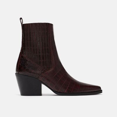 Mock Croc Print Leather Boots from Zara
