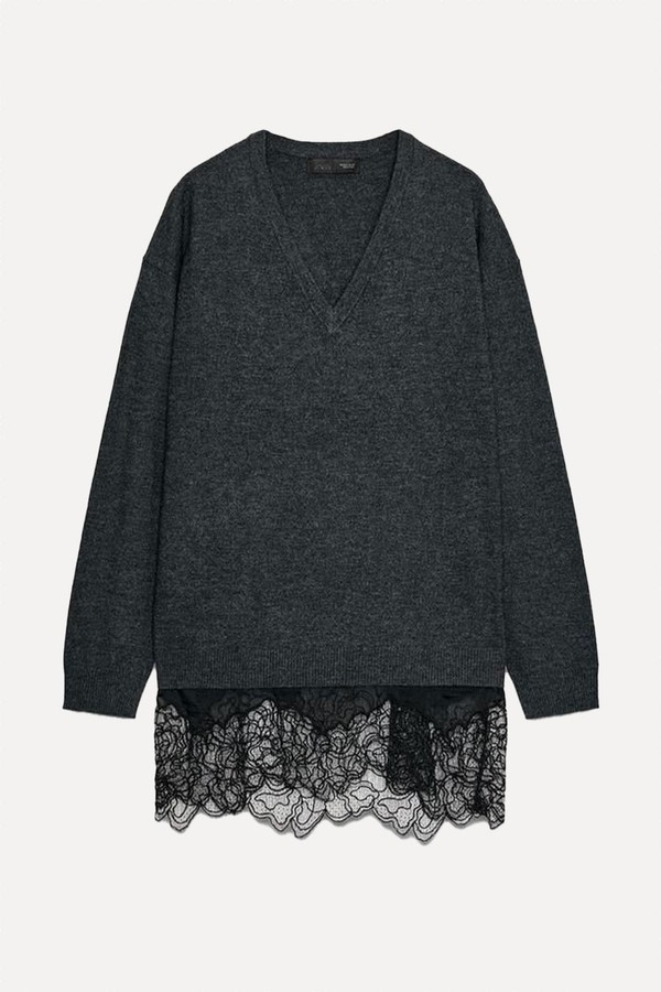 Long Knit Jumper With Lace Detail from Zara
