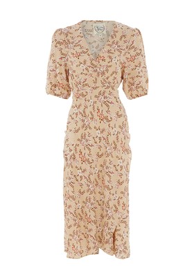 Nude Floral Wrap Midi Dress