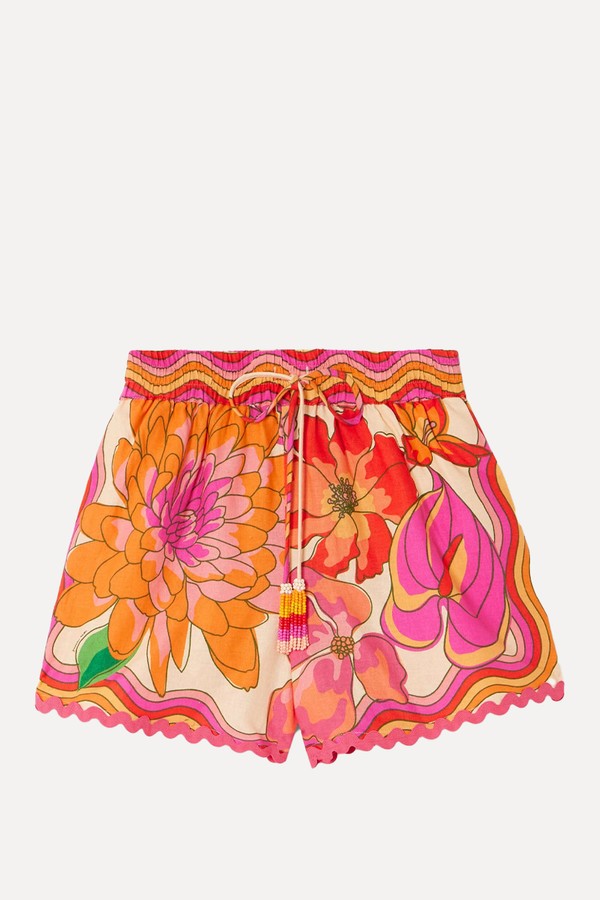 Spring Affair Bead Embellished Floral-Print Linen-Blend Shorts from FARM RIO
