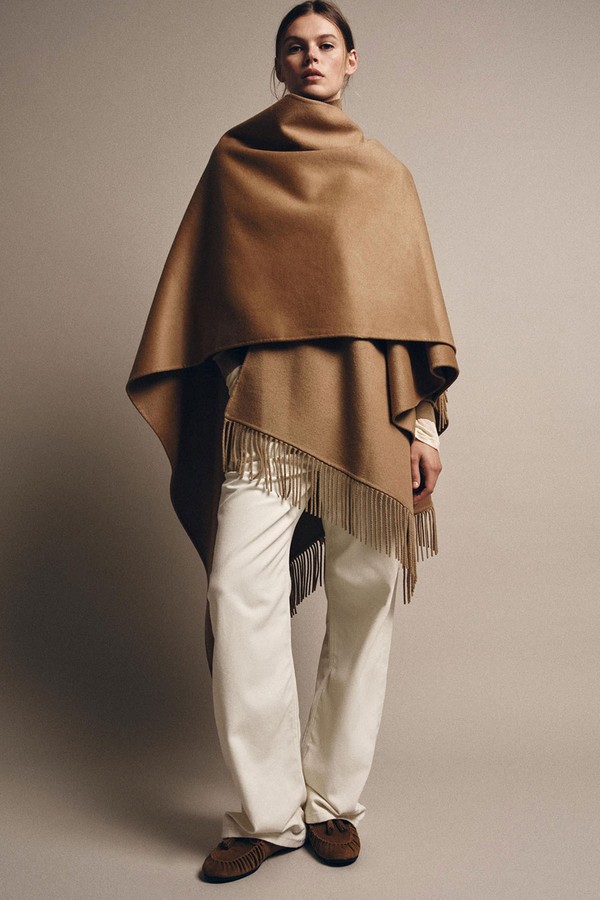 Fringed Wool Long Cape