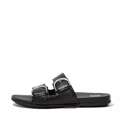 Gracie Buckle Leather Slides All Black