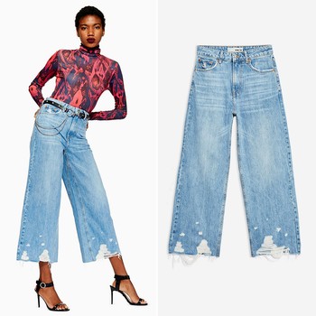 Mid Blue Cropped Wide Leg Jeans