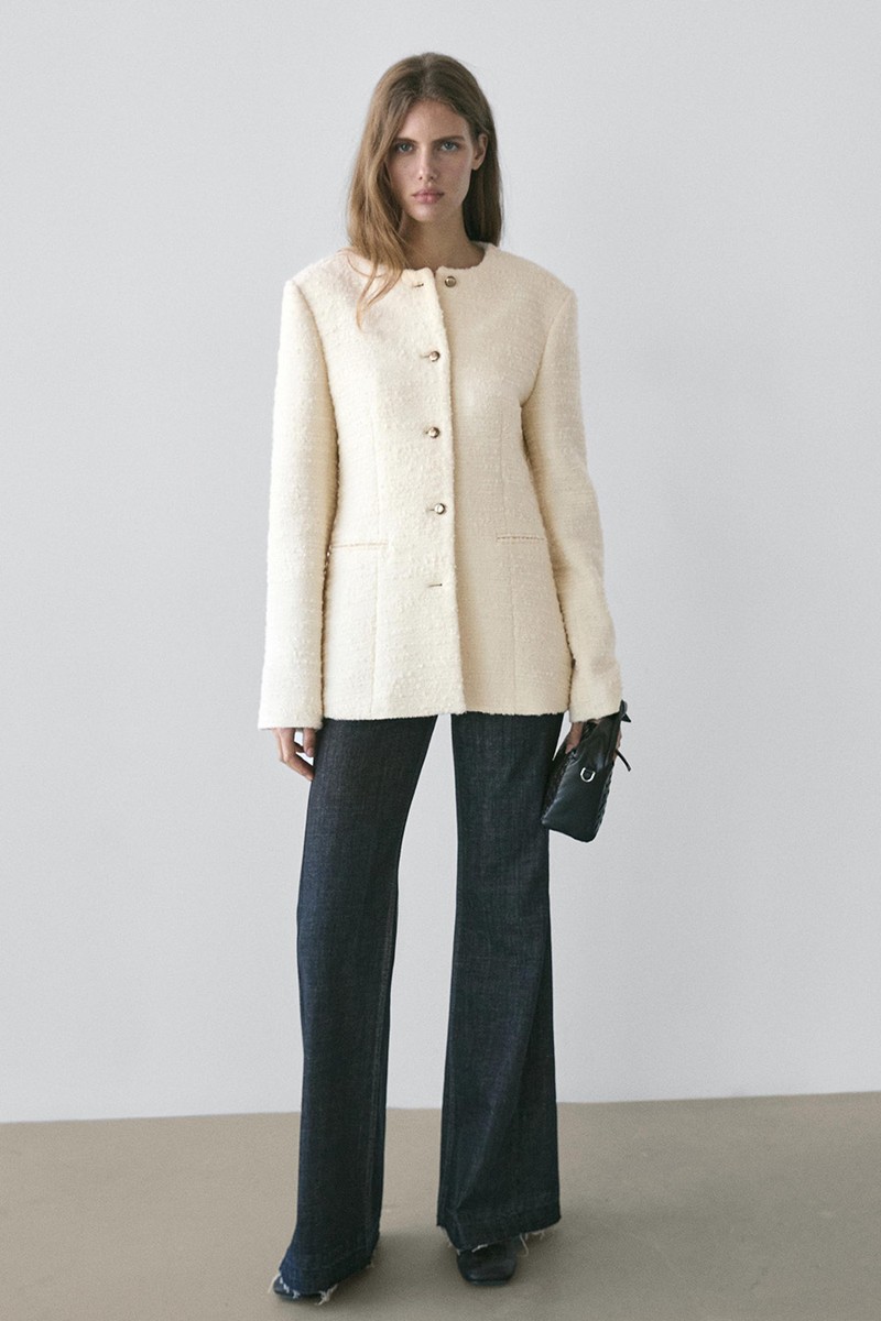 Textured Wool Blend Jacket With Rhinestone Buttons