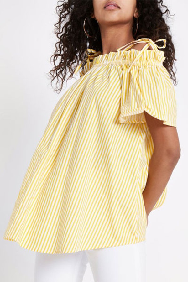 Stripe Bardot Frill Bow Shoulder Top