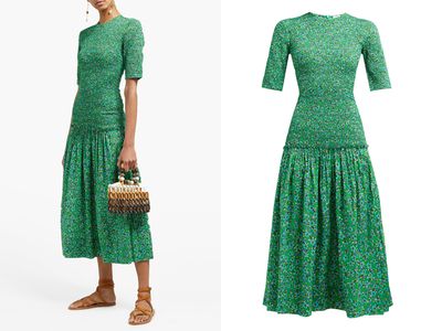 Zola Shirred Floral-Print Cotton Midi Dress
