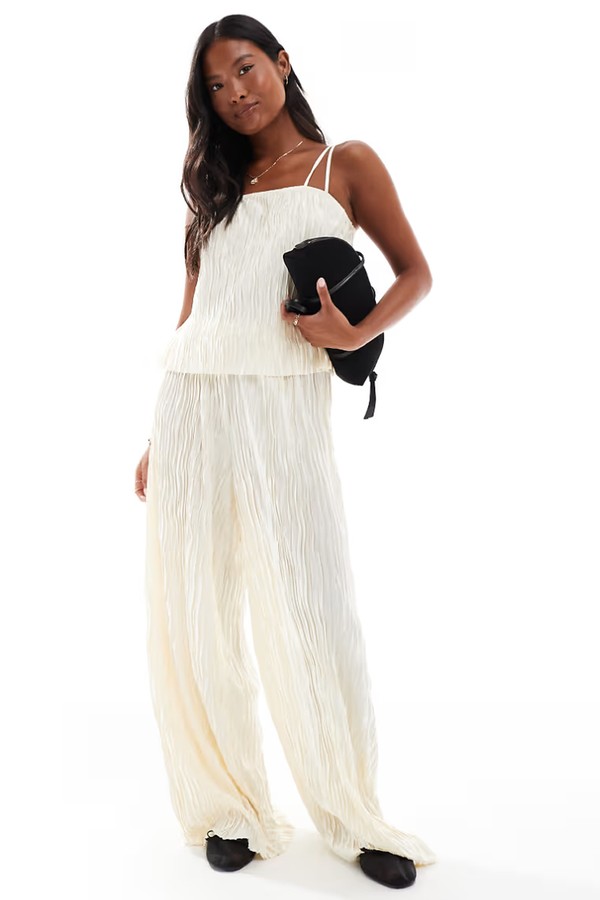 Petite Textured Plisse Double Strap Cami & Wide Leg Trousers Set  from Vero Moda