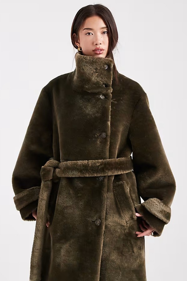 Cosy Borg Funnel Neck Longline Coat from ASOS DESIGN