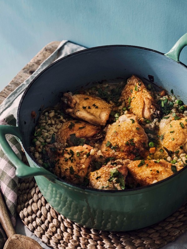 One-Pot Roast Chicken With Barley, White Wine & Peas