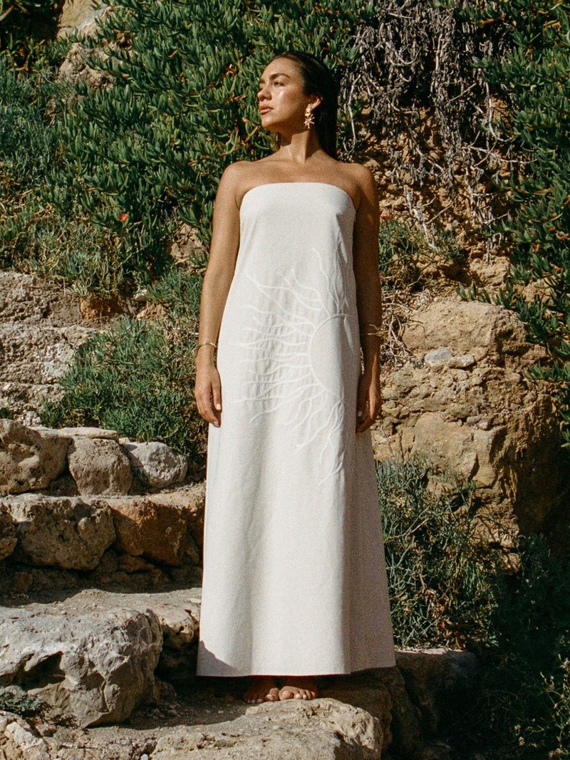 Contains Linen Bandeau Trapeze Sun Embroidery Maxi Dress from 4th & Reckless x Luana Barron