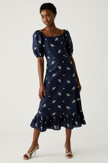 Linen Rich Floral Square Neck Midi Dress