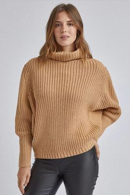 Camel Chunky Batwing Sleeve Roll Neck Jumper