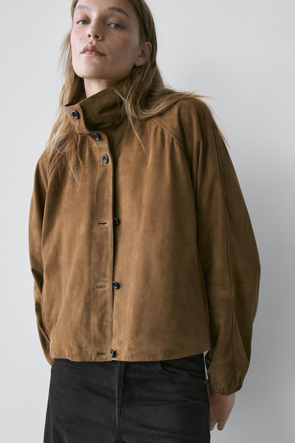 Short Suede Leather Bomber Jacket