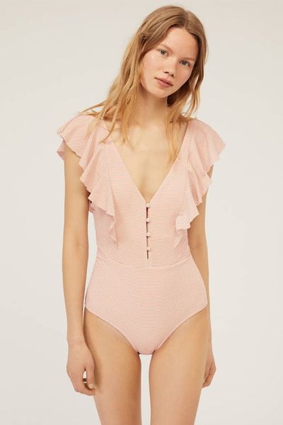 Seersucker Swimsuit With Two Ruffles