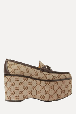 Horsebit Leather-Trimmed Canvas-Jacquard Platform Loafers from Gucci