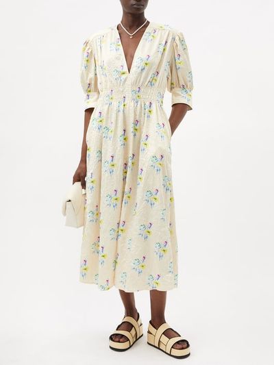 Crinkled Floral-Print Satin Midi Dress from Ganni