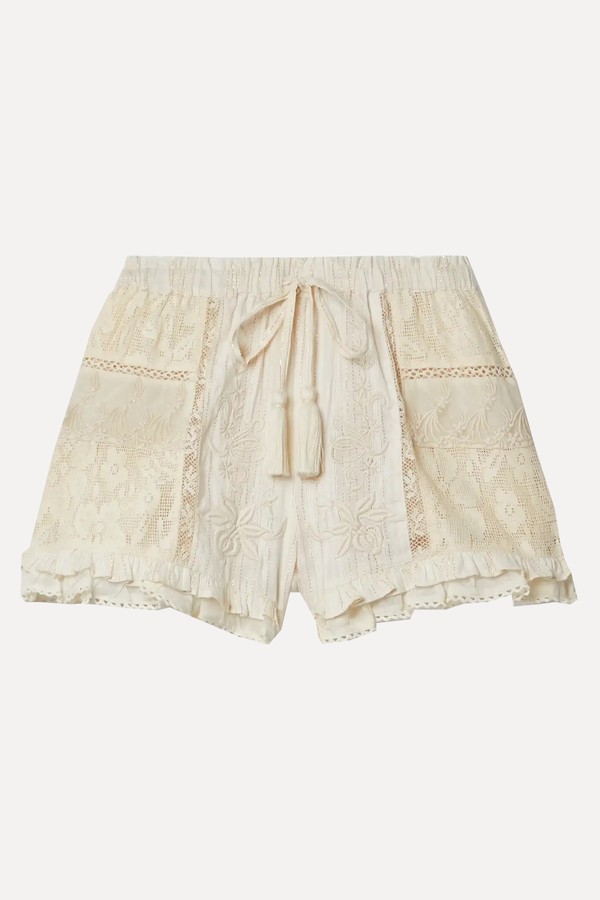 Peyonne Ruffled Embroidered Cotton-Blend Voile, Tulle & Crochet Shorts from LoveShackFancy