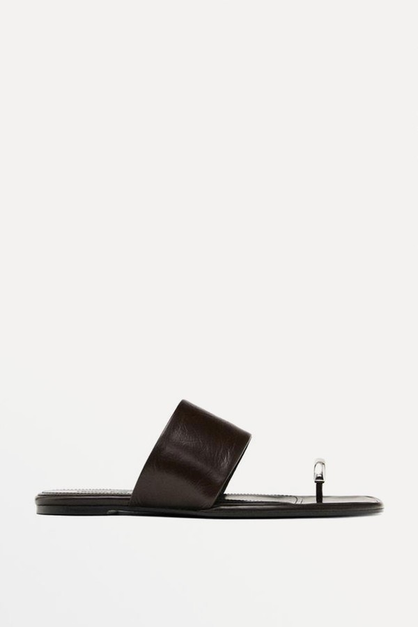 Leather Flat Slider Sandals With Ring Detail from Massimo Dutti