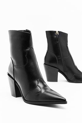 PU Pointed Block Heel Ankle Boots