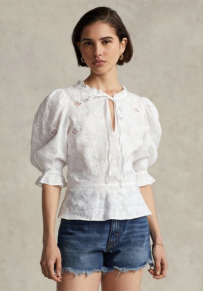 Inset-Lace Linen Peplum Blouse