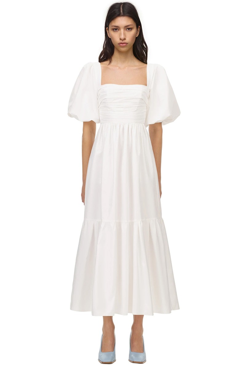 White Taffeta Puff Sleeve Midi Dress from Self-Portrait