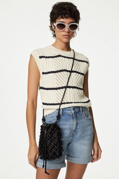 Cotton Rich Striped Crew Neck Knitted Vest