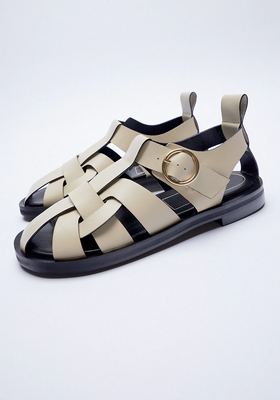 Flat Leather Cage Sandals 
