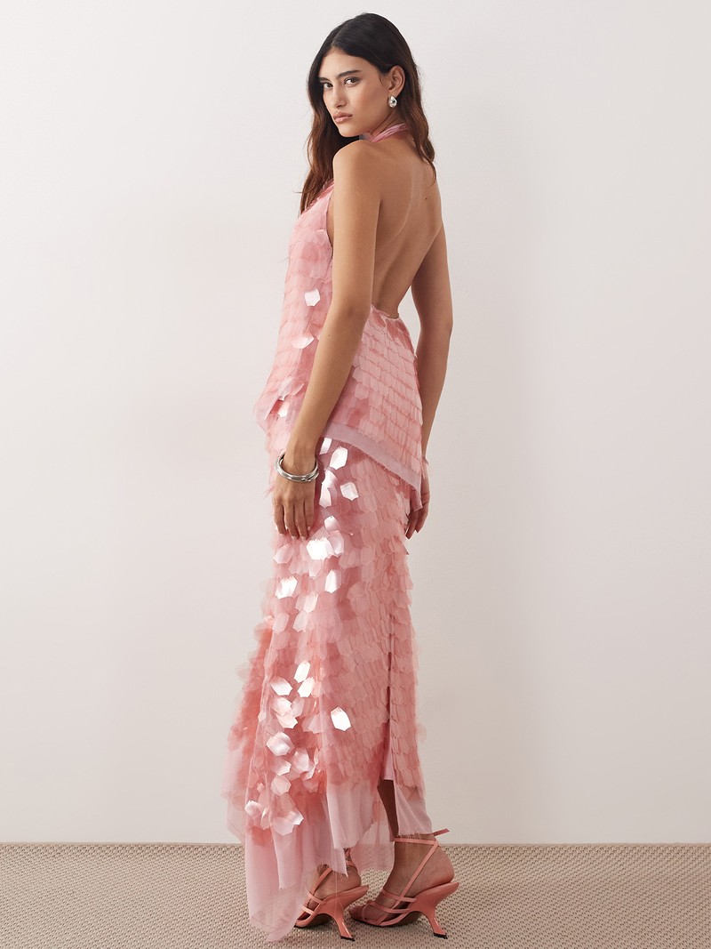  Embellished Shard Sequin Longline Halter Neck Top Co-Ord