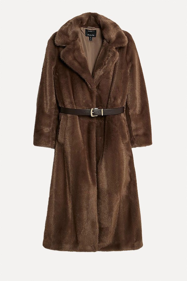Faux Fur Longline Belted Coat from River Island
