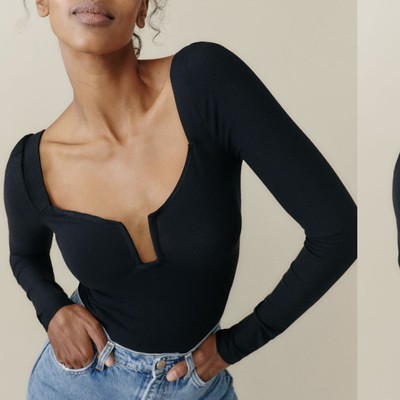 Free People Close Call Duo Bodysuit Black Long Sleeve V Neck XS