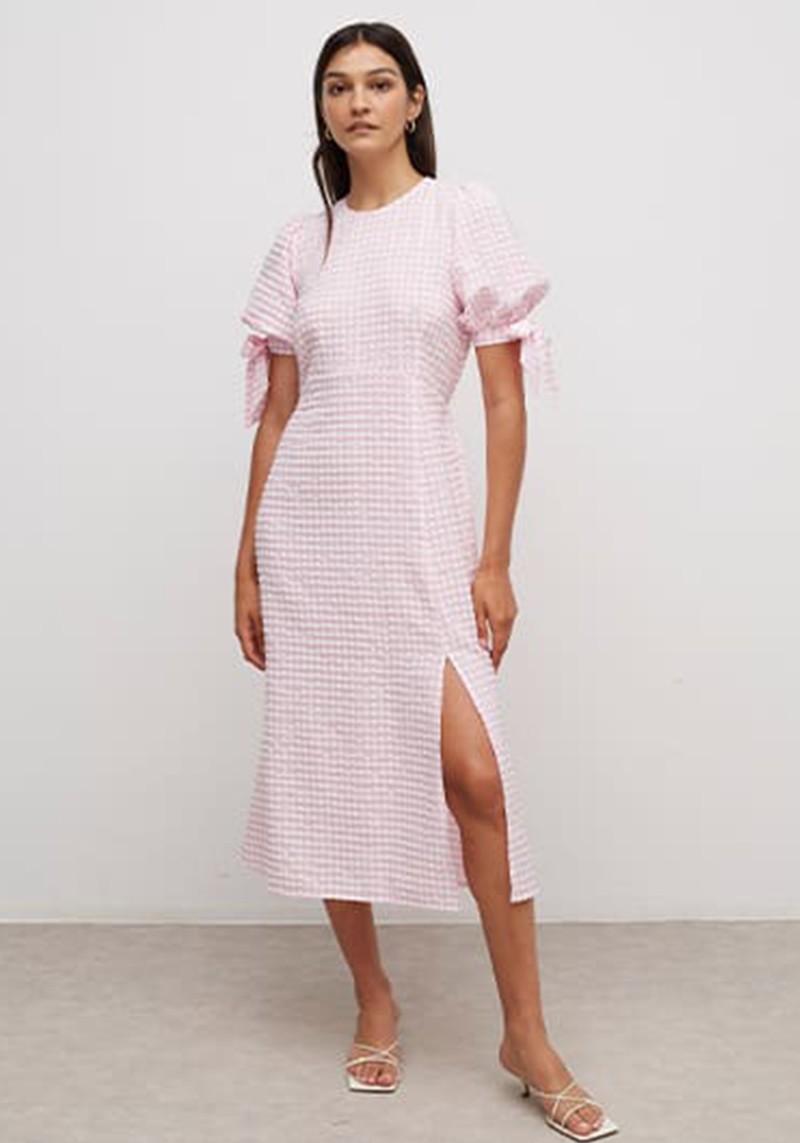 Pink Textured Gingham Esme Tie Sleeve Midi Dress from Nobody's Child
