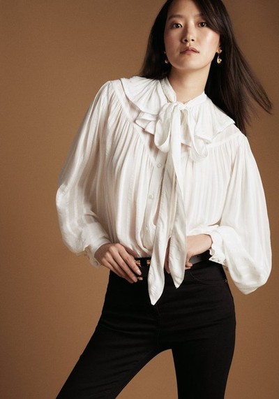 Chiffon Stripe Yoke Detail Tie Woven Shirt