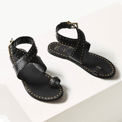 Leather Studded Toe Thong Sandals