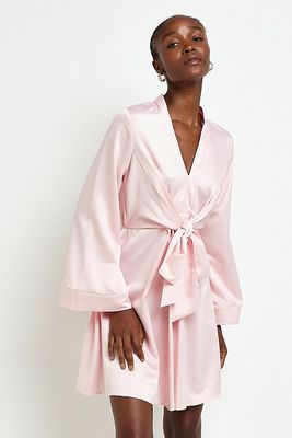 Pink Satin Long Sleeve Mini Swing Dress from River Island 