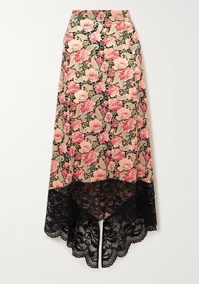 Asymmetric Lace-Trimmed Floral-Print Stretch-Jersey Skirt from Paco Rabanne