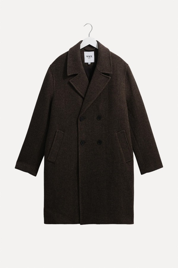 Magnus Herringbone Double-Breasted Wool Overcoat from Wax London