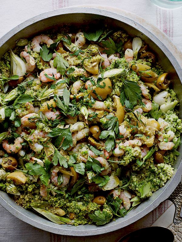 Green Couscous With Prawns