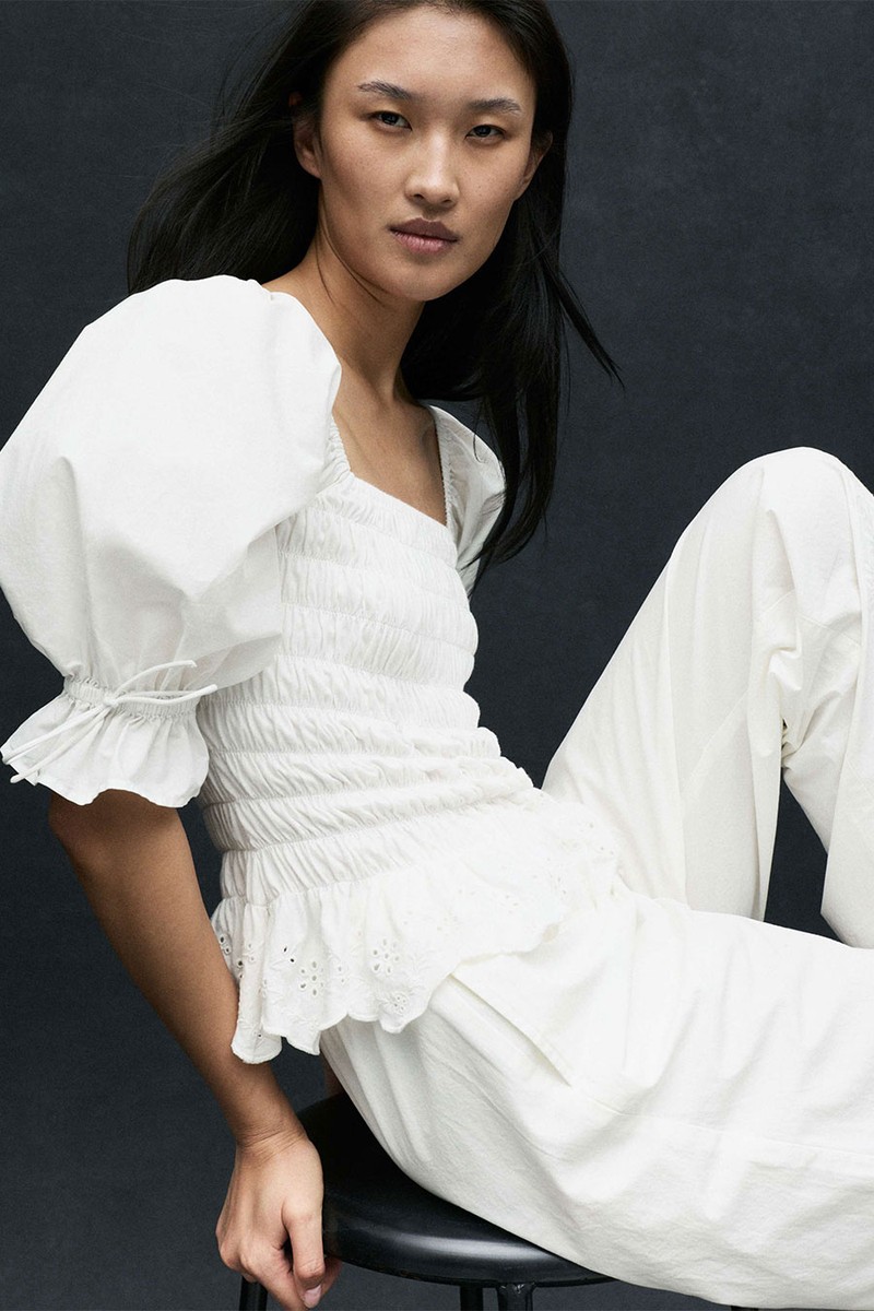 Pure Cotton Shirred Puff Sleeve Top