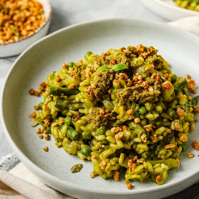 Pea, Spinach & Asparagus Risotto With A Granola Crunch