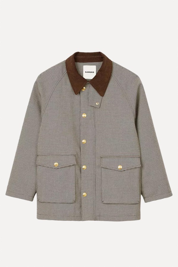 Velvet-Collar Checked Coat from Sandro