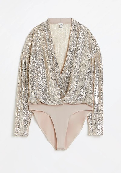 Silver Sequin Wrap Bodysuit from River Island