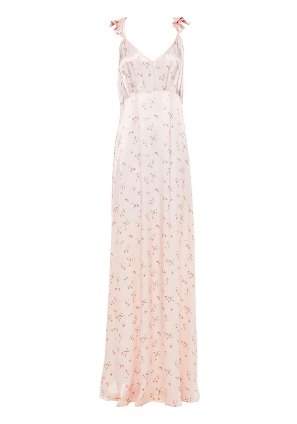 Dahlia Ruffled Floral-Print Satin Maxi Dress from Ghost