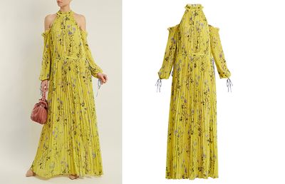 Off-Shoulder floral-Print Pleated Dress