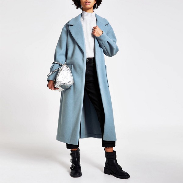 Blue Balloon Sleeve Tie Belted Longline Coat