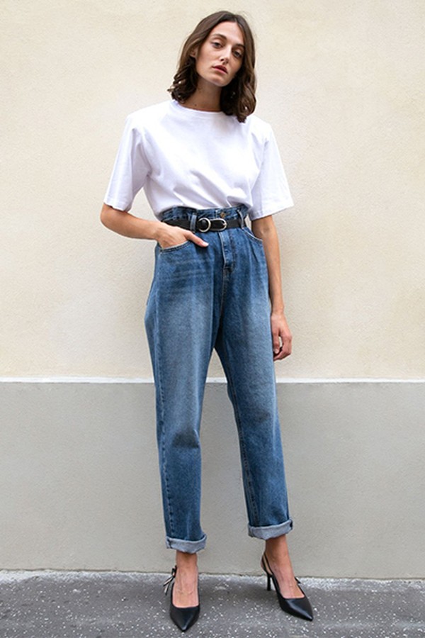 Medium Blue Wash Paperbag Jeans With Black Belt from Frankie Shop