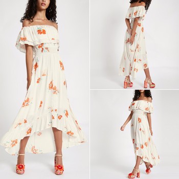 Cream Floral Print High Low Hem Maxi Dress