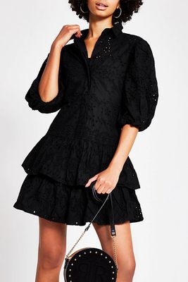 Black Broderie Puff Sleeve Shirt Dress