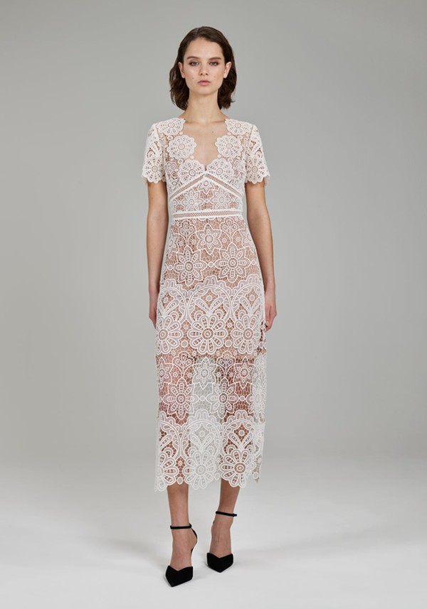 Ivory Floral Guipure V-Neck Midi Dress